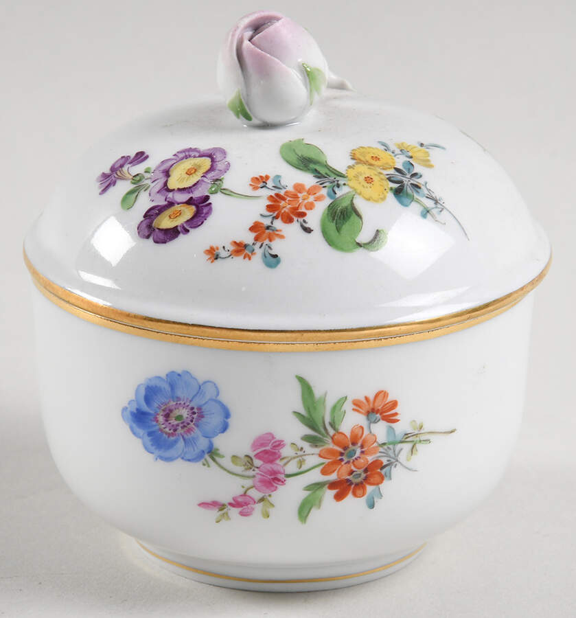 Scattered Flowers ("X" Backstamp) Mini Sugar Bowl & Lid by Meissen (Germany)-1