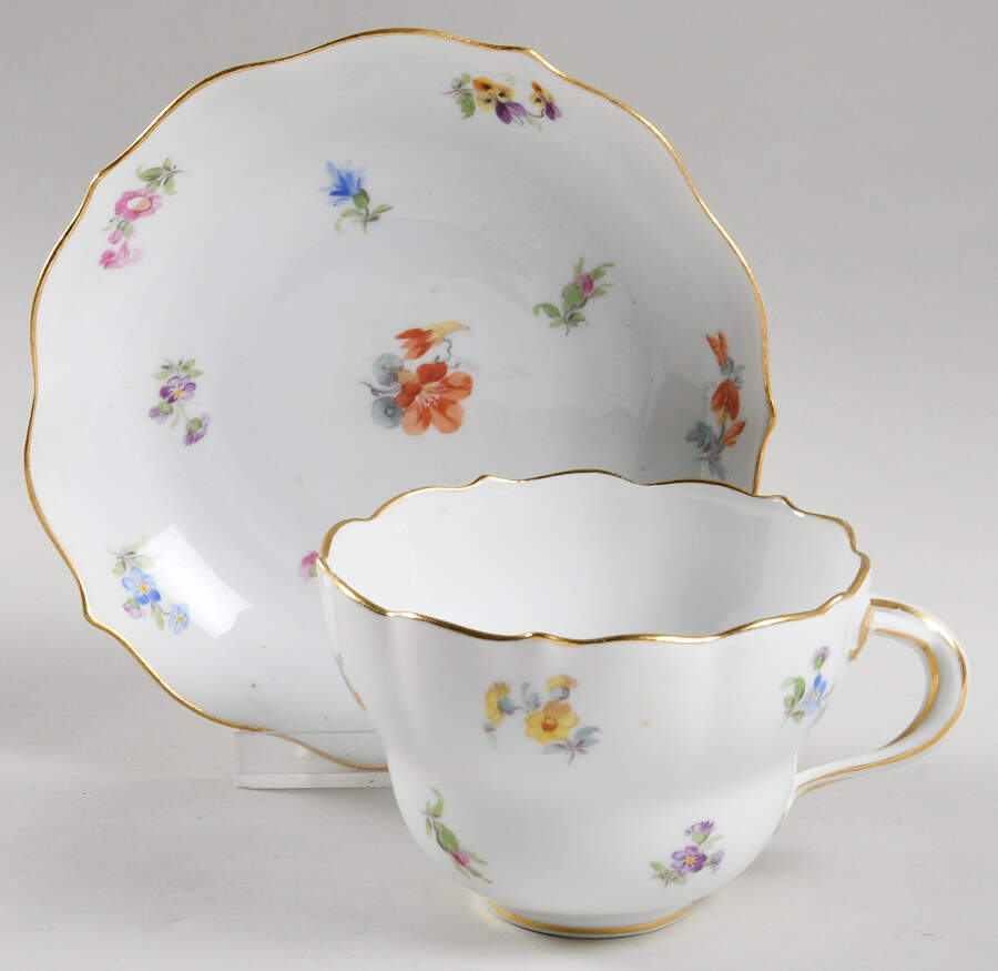 Scattered Flowers ("X" Backstamp) Breakfast Cup & Saucer Set by Meissen (Germany)-1