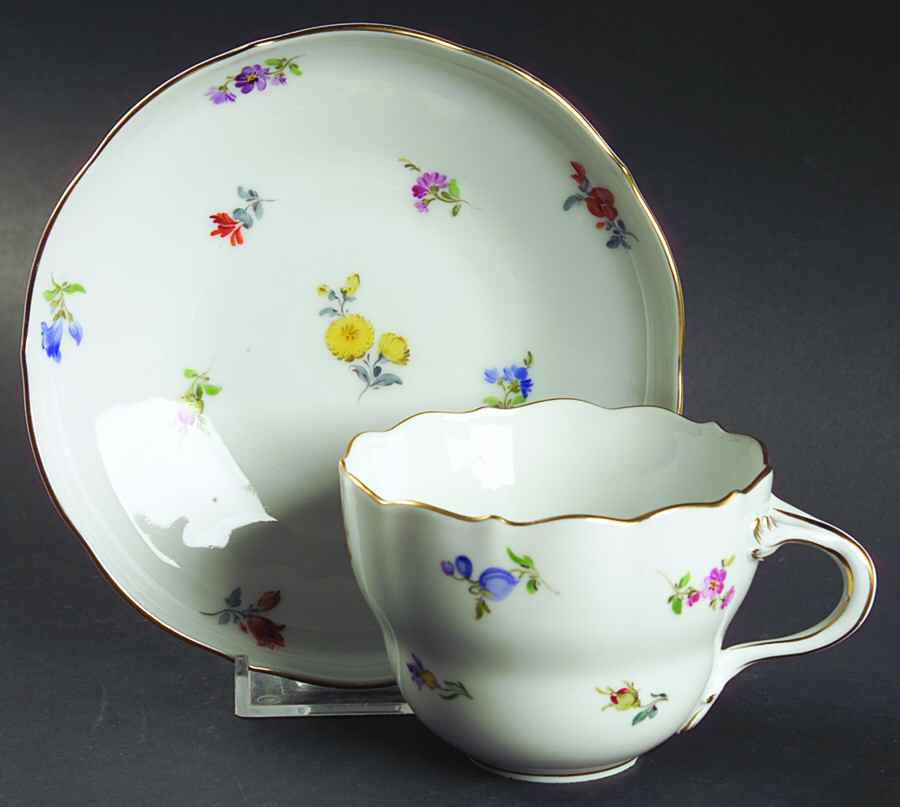 Scattered Flowers ("X" Backstamp) Flat Cup & Saucer Set by Meissen (Germany)-1