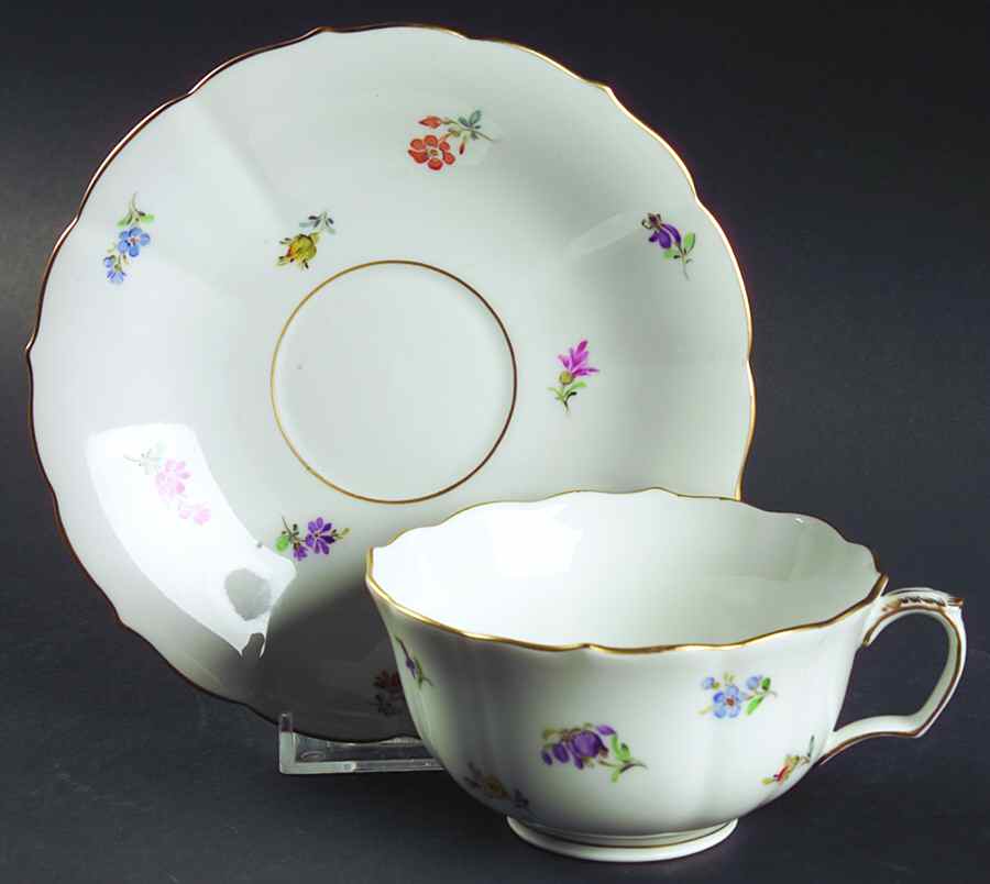Scattered Flowers ("X" Backstamp) Flat Cup & Saucer Set by Meissen (Germany)-1