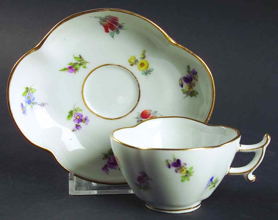 Scattered Flowers ("X" Backstamp) Flat Demitasse Cup & Saucer Set by Meissen (Germany)-1