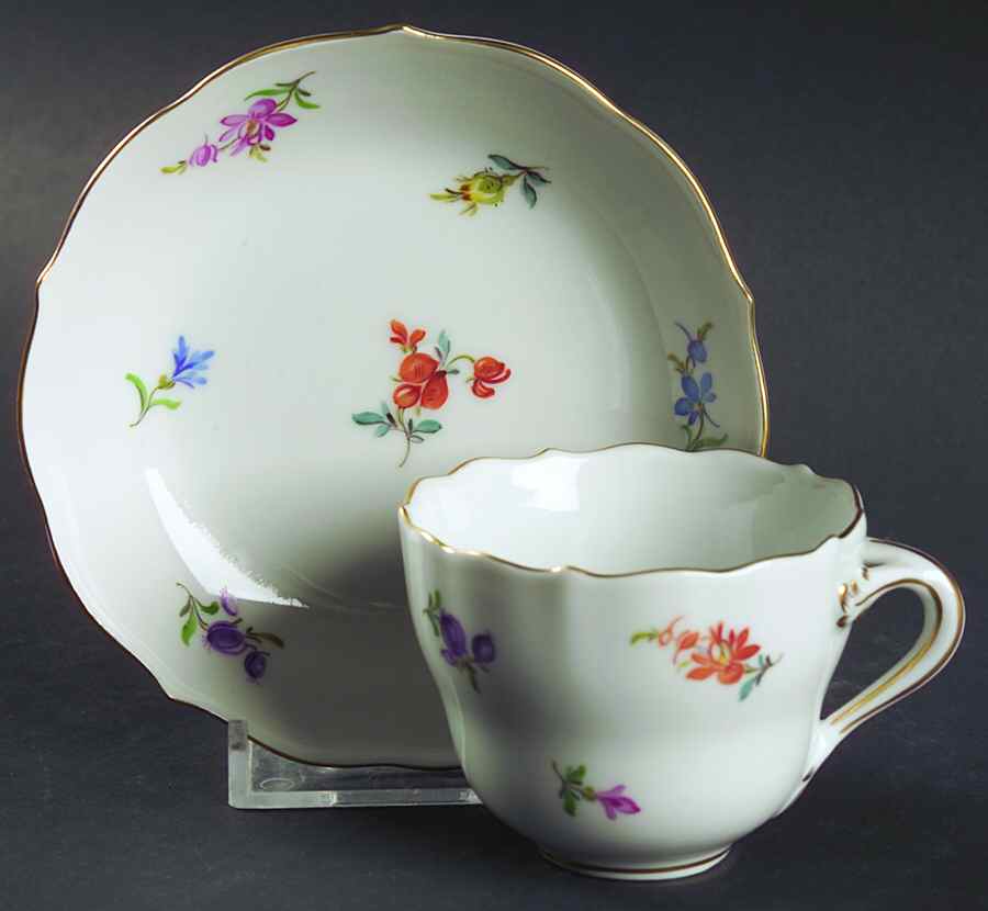 Scattered Flowers ("X" Backstamp) Flat Demitasse Cup & Saucer Set by Meissen (Germany)-1