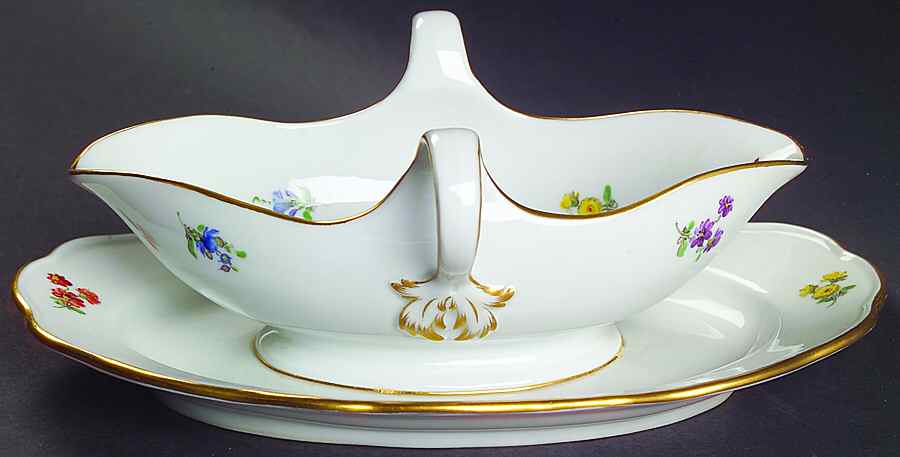 Scattered Flowers ("X" Backstamp) Gravy Boat with Attached Underplate by Meissen (Germany)-1