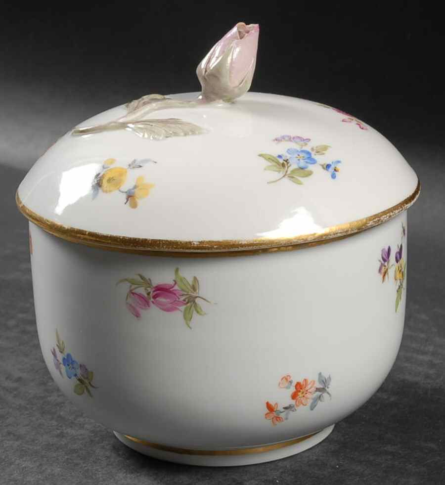 Scattered Flowers ("X" Backstamp) Sugar Bowl & Lid by Meissen (Germany)-1