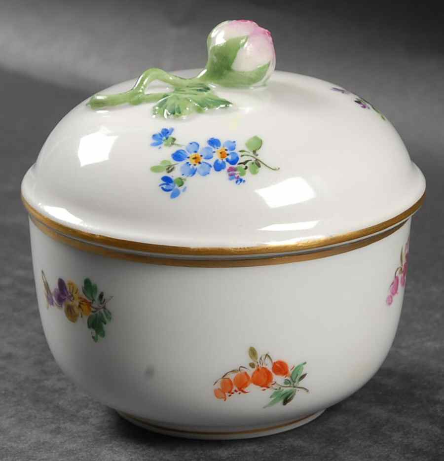 Scattered Flowers ("X" Backstamp) Sugar Bowl & Lid by Meissen (Germany)-1