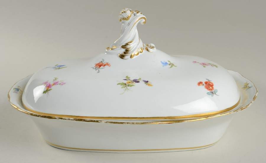 Scattered Flowers ("X" Backstamp) Rectangular Covered Vegetable by Meissen (Germany)-1