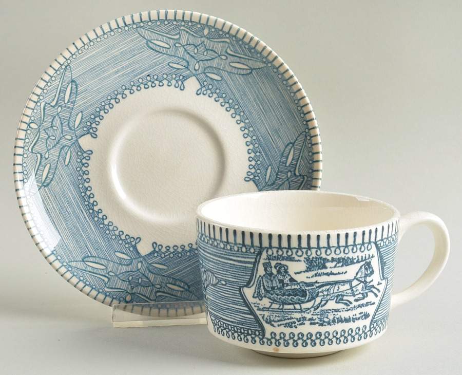 Currier & Ives Flat Cup & Saucer Set by Mount Clemens-1