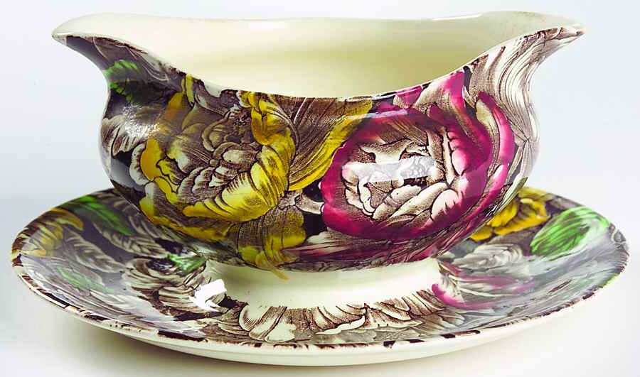 Bermuda Brown Multicolor Gravy Boat with Attached Underplate by Myott Staffordshire-1