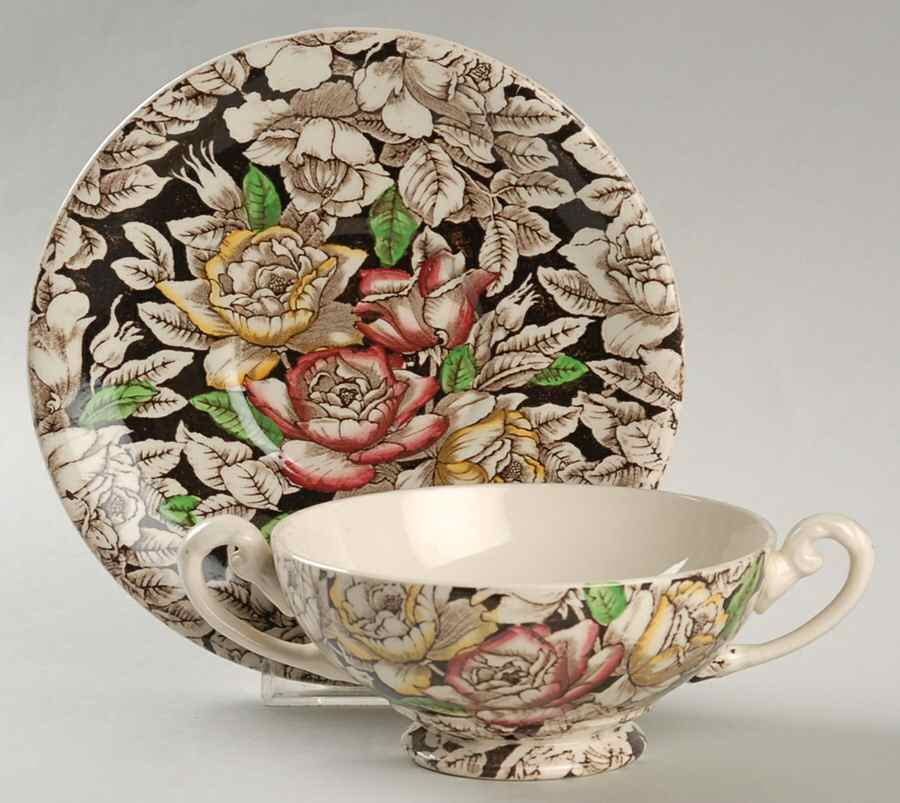 Bermuda Brown Multicolor Footed Cream Soup Bowl & Saucer Set by Myott Staffordshire-1