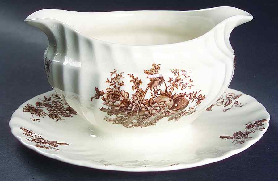 Bountiful Brown Gravy Boat with Attached Underplate by Myott Staffordshire-1