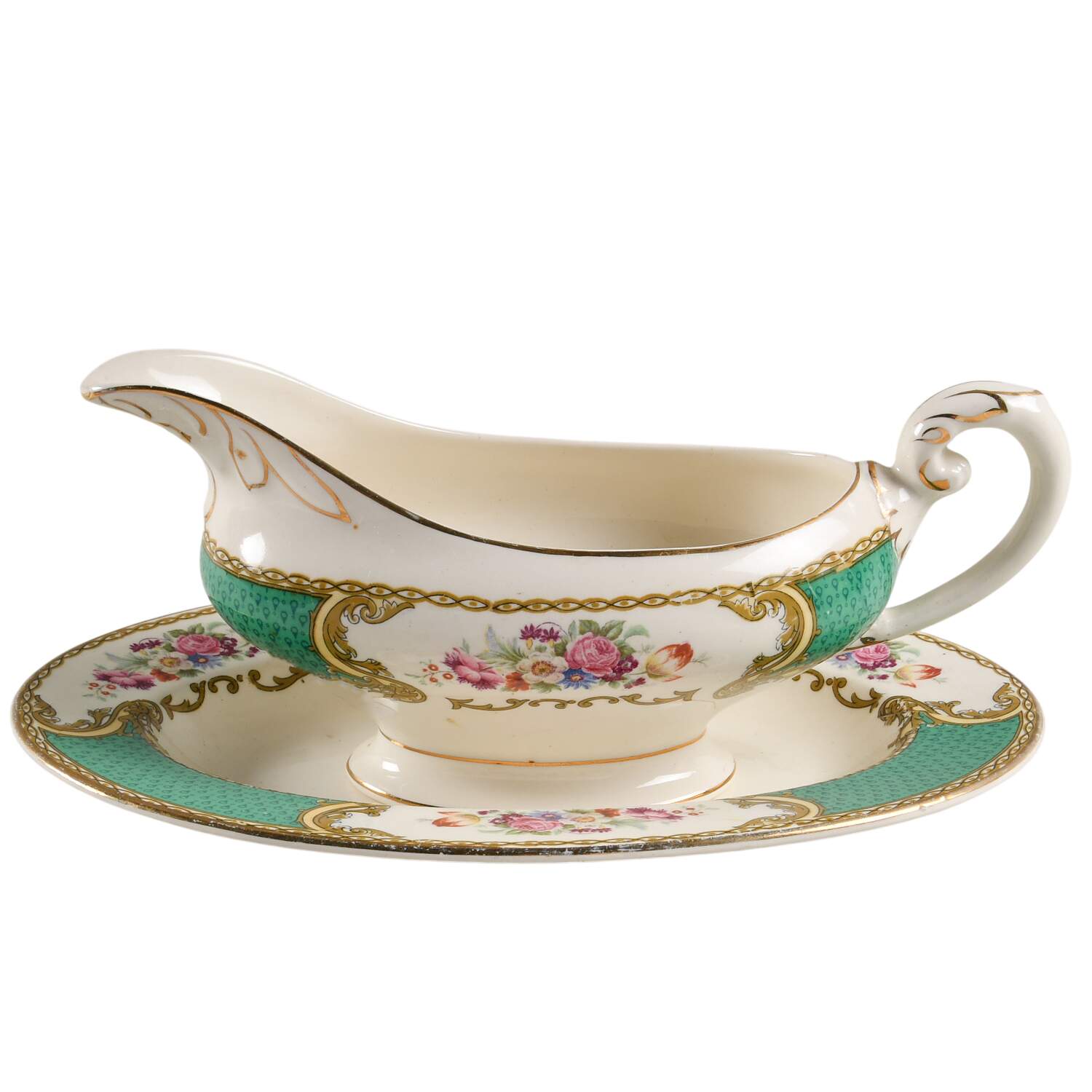 The Bouquet Green Gravy Boat & Underplate by Myott Staffordshire-1