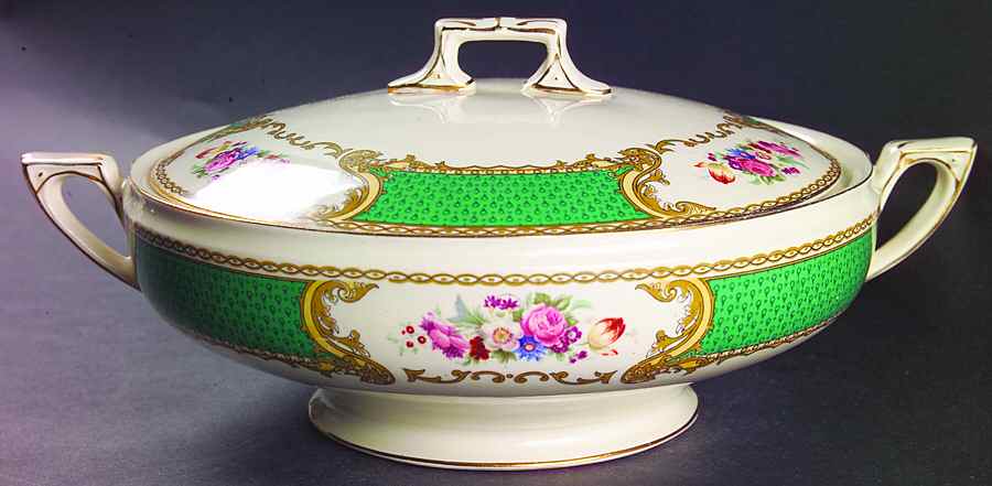 The Bouquet Green Round Covered Vegetable by Myott Staffordshire-1