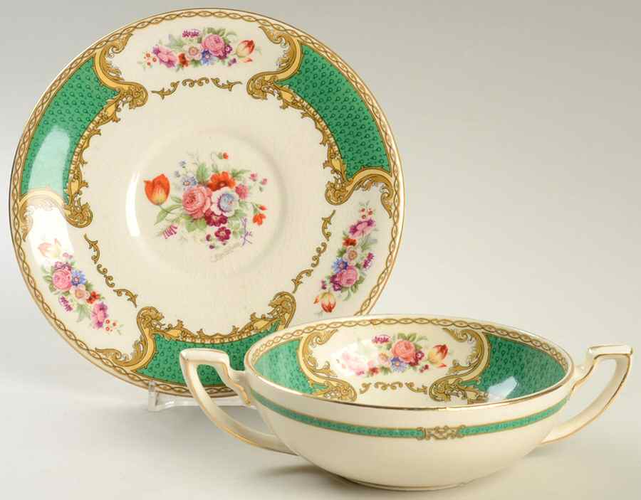 The Bouquet Green Flat Cream Soup Bowl & Saucer Set by Myott Staffordshire-1