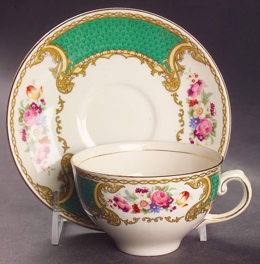 The Bouquet Green Footed Cup & Saucer Set by Myott Staffordshire-1