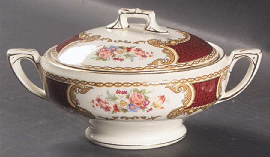 The Bouquet Maroon Sugar Bowl & Lid by Myott Staffordshire-1