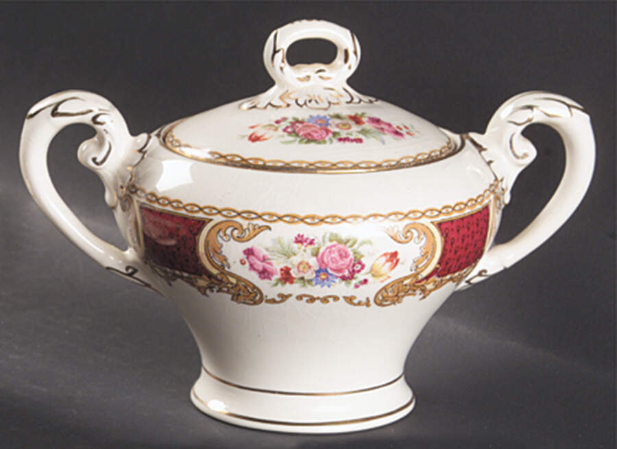 The Bouquet Maroon Sugar Bowl & Lid by Myott Staffordshire-1