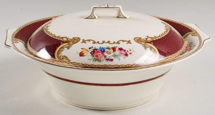 The Bouquet Maroon Round Covered Vegetable by Myott Staffordshire-1