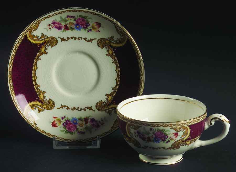 The Bouquet Maroon Footed Cup & Saucer Set by Myott Staffordshire-1