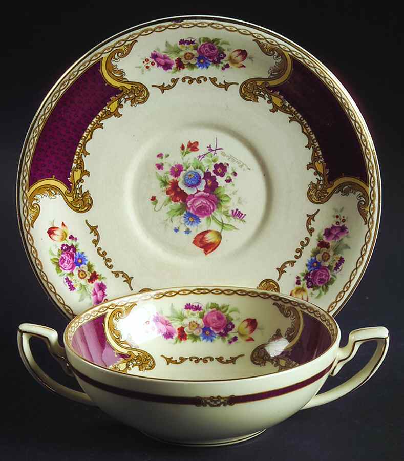 The Bouquet Maroon Flat Cream Soup Bowl & Saucer Set by Myott Staffordshire-1