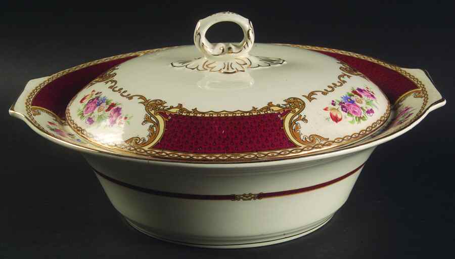 The Bouquet Maroon Round Covered Vegetable by Myott Staffordshire-1