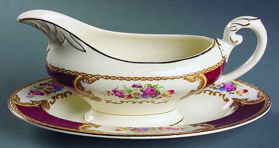 The Bouquet Maroon Gravy Boat & Underplate by Myott Staffordshire-1