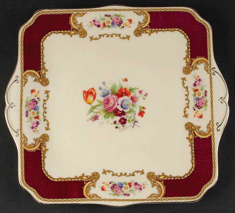 The Bouquet Maroon Handled Cake Plate by Myott Staffordshire-1