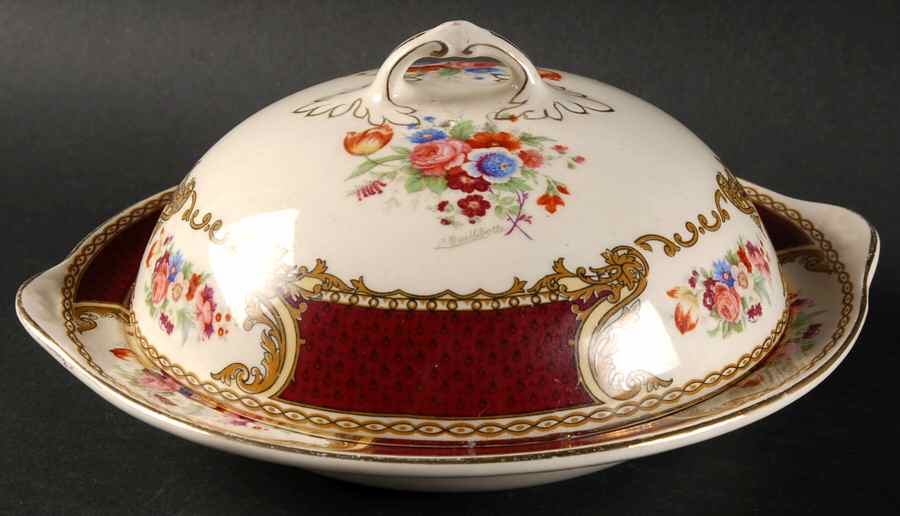 The Bouquet Maroon Muffin Dish & Lid by Myott Staffordshire-1