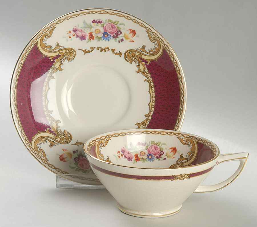 The Bouquet Maroon Footed Cup & Saucer Set by Myott Staffordshire-1