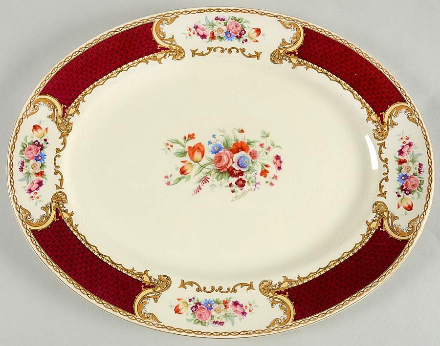 The Bouquet Maroon 12" Oval Serving Platter by Myott Staffordshire-1