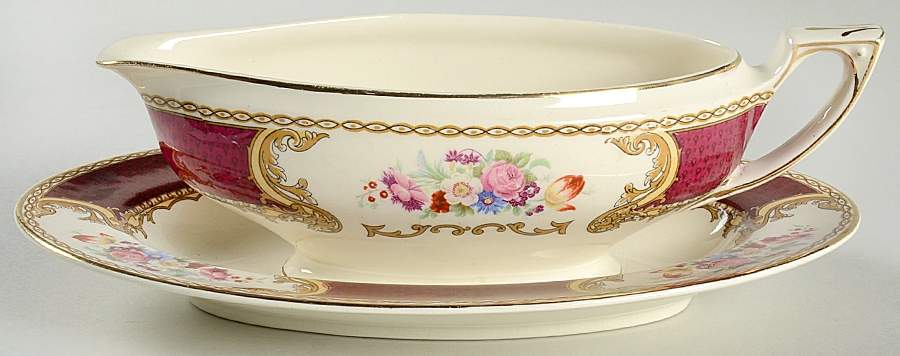 The Bouquet Maroon Gravy Boat & Underplate by Myott Staffordshire-1