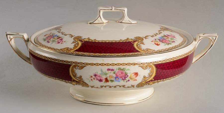 The Bouquet Maroon Round Covered Vegetable by Myott Staffordshire-1