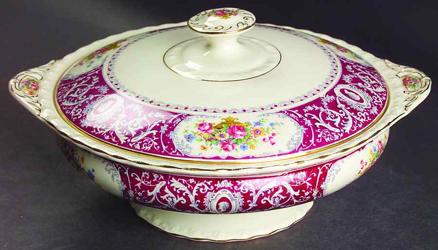 Canterbury Red Border (Floral Center) Round Covered Vegetable by Myott Staffordshire-1