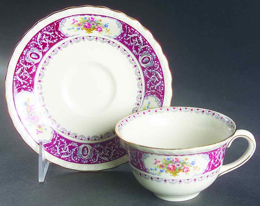 Canterbury Red Border (Floral Center) Flat Cup & Saucer Set by Myott Staffordshire-1