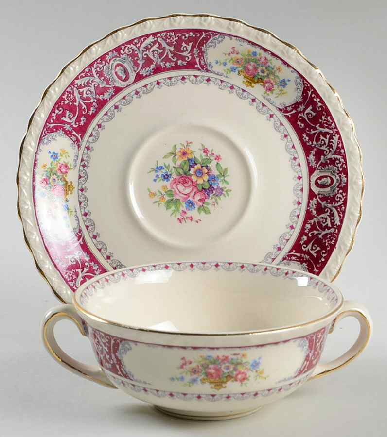 Canterbury Red Border (Floral Center) Flat Cream Soup Bowl & Saucer Set by Myott Staffordshire-1
