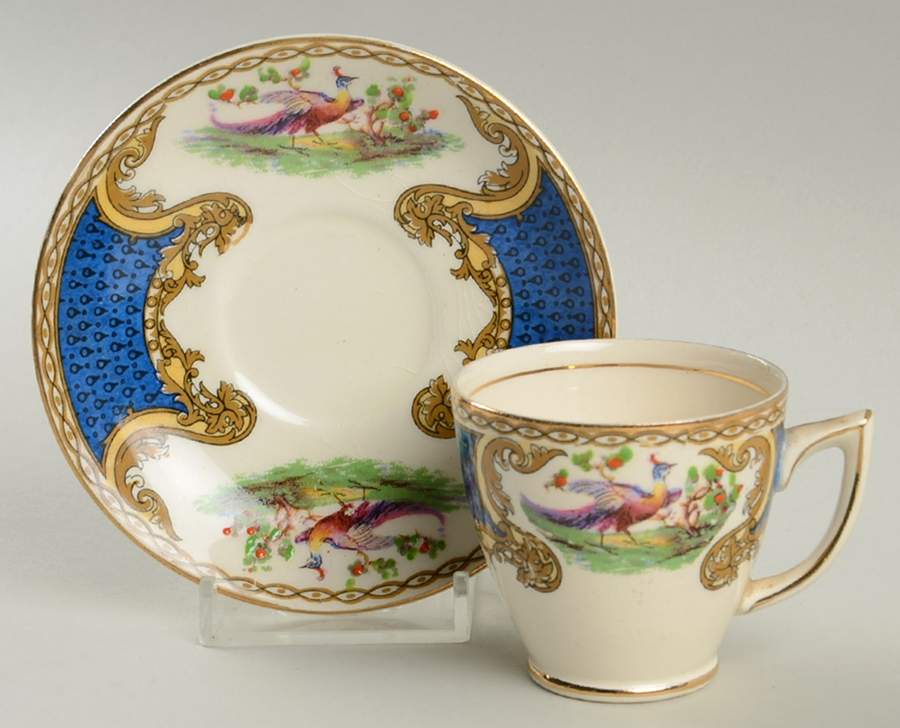 Chelsea Bird Blue Footed Demitasse Cup & Saucer Set by Myott Staffordshire-1