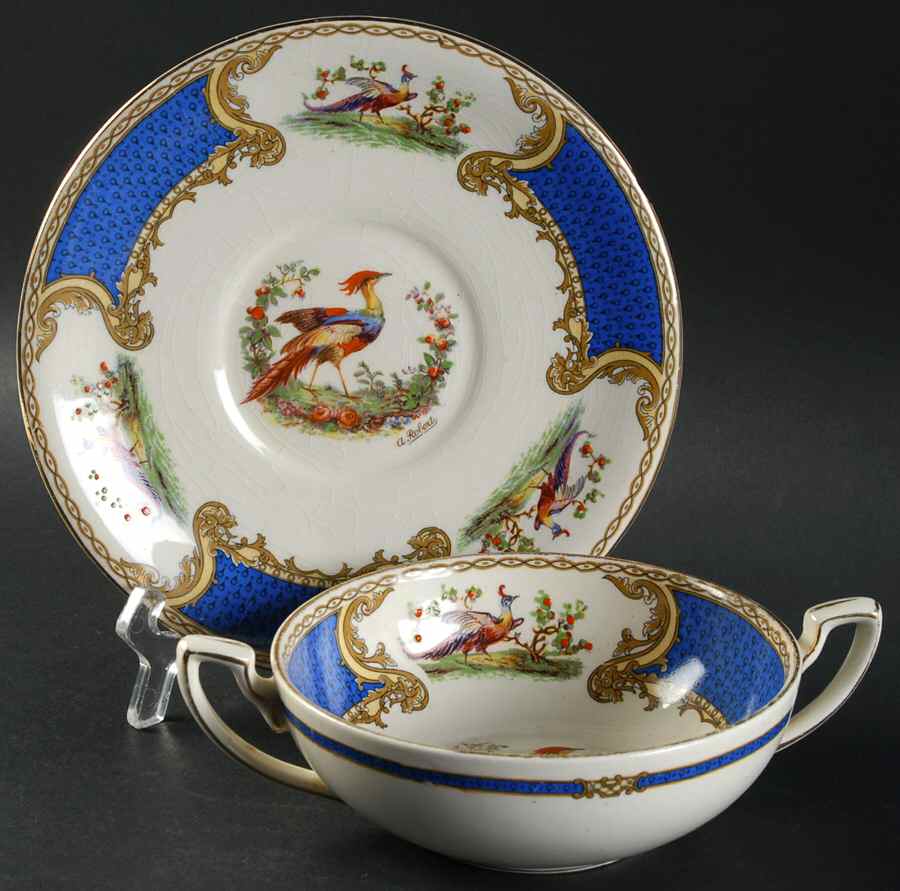 Chelsea Bird Blue Flat Cream Soup Bowl & Saucer Set by Myott Staffordshire-1