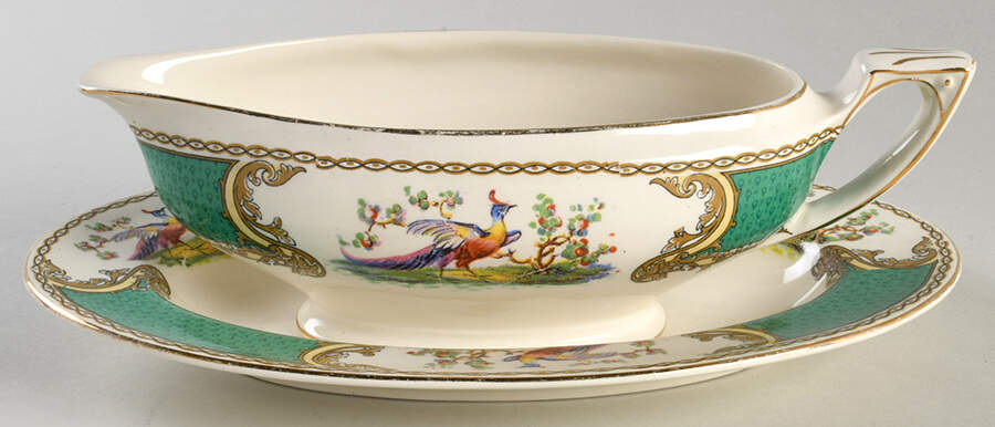Chelsea Bird Green (Enamel) Gravy Boat & Underplate/Relish by Myott Staffordshire-1