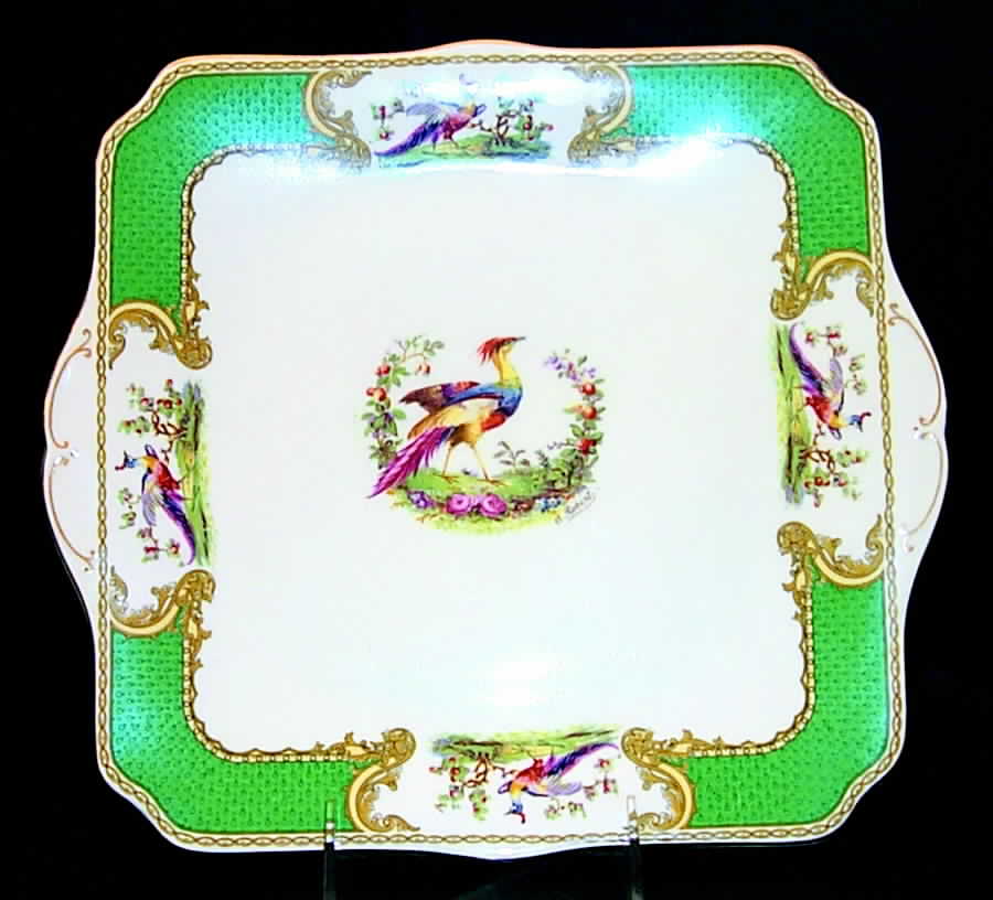 Chelsea Bird Green (Enamel) Square Handled Cake Plate by Myott Staffordshire-1