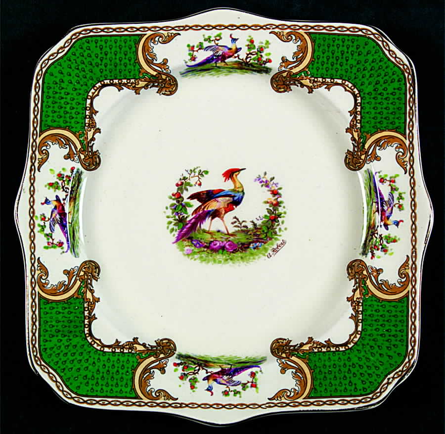 Chelsea Bird Green (Enamel) Square Luncheon Plate by Myott Staffordshire-1