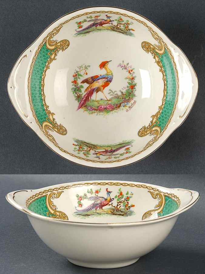 Chelsea Bird Green (Enamel) Lugged Cereal Bowl by Myott Staffordshire-1