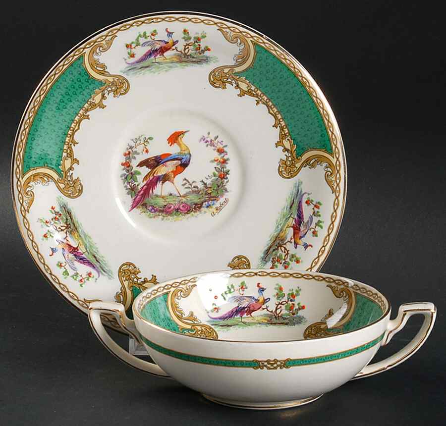 Chelsea Bird Green (Enamel) Flat Cream Soup Bowl & Saucer Set by Myott Staffordshire-1