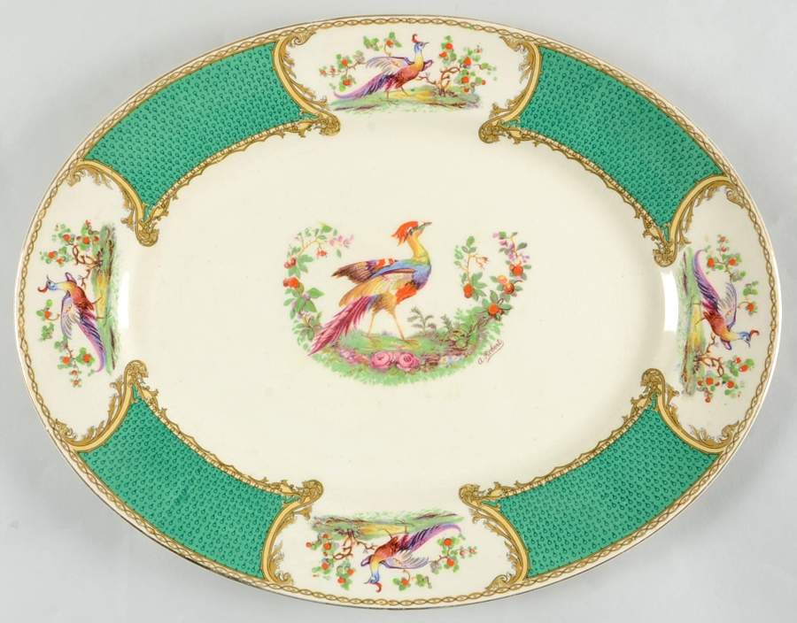Chelsea Bird Green (Enamel) 14" Oval Serving Platter by Myott Staffordshire-1