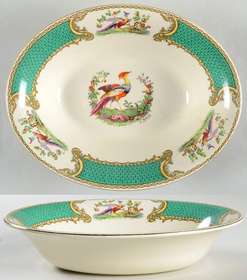 Chelsea Bird Green (Enamel) 9" Oval Vegetable Bowl by Myott Staffordshire-1