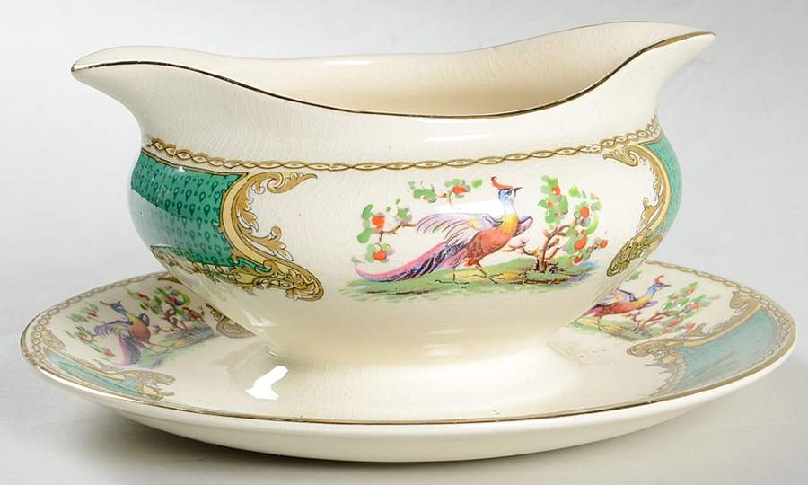 Chelsea Bird Green (Enamel) Gravy Boat with Attached Underplate by Myott Staffordshire-1