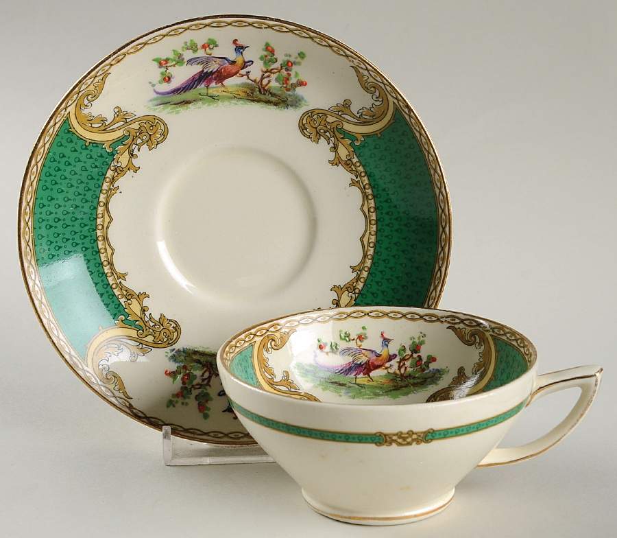 Chelsea Bird Green (Enamel) Footed Cup & Saucer Set by Myott Staffordshire-1