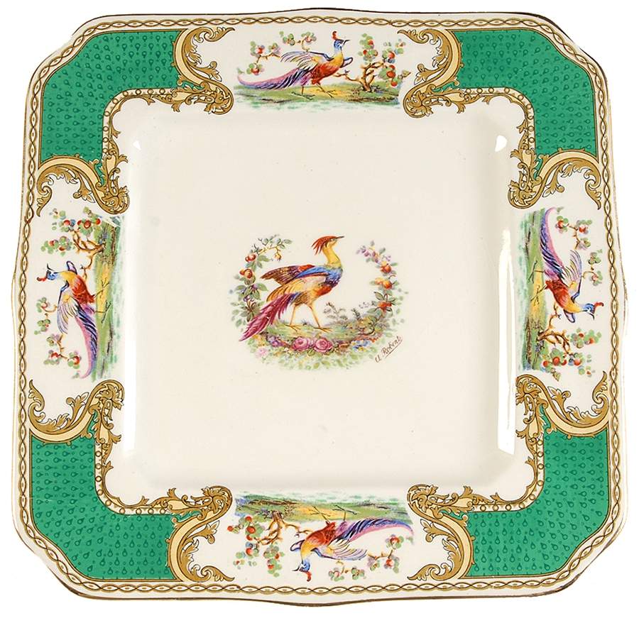 Chelsea Bird Green (Enamel) 8" Square Cookie Plate by Myott Staffordshire-1
