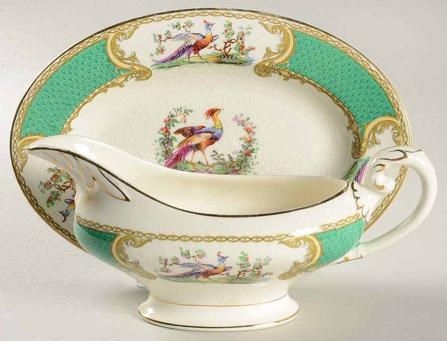 Chelsea Bird Green (No Enamel) Gravy Boat & Underplate/Relish by Myott Staffordshire-1