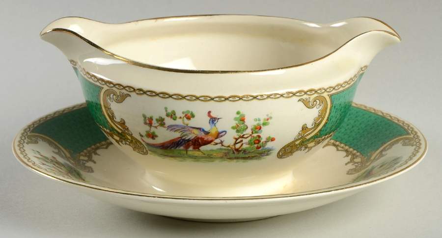 Chelsea Bird Green (Enamel) Gravy Boat with Attached Underplate by Myott Staffordshire-1