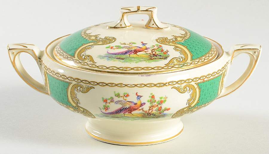 Chelsea Bird Green (Enamel) Sugar Bowl & Lid by Myott Staffordshire-1