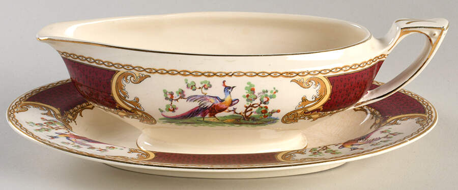 Chelsea Bird Red Gravy Boat & Underplate/Relish by Myott Staffordshire-1
